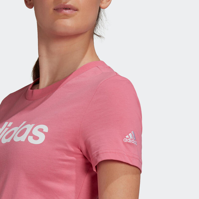 Fitnessshirt voor dames korte mouwen slim fit katoen ronde hals roze