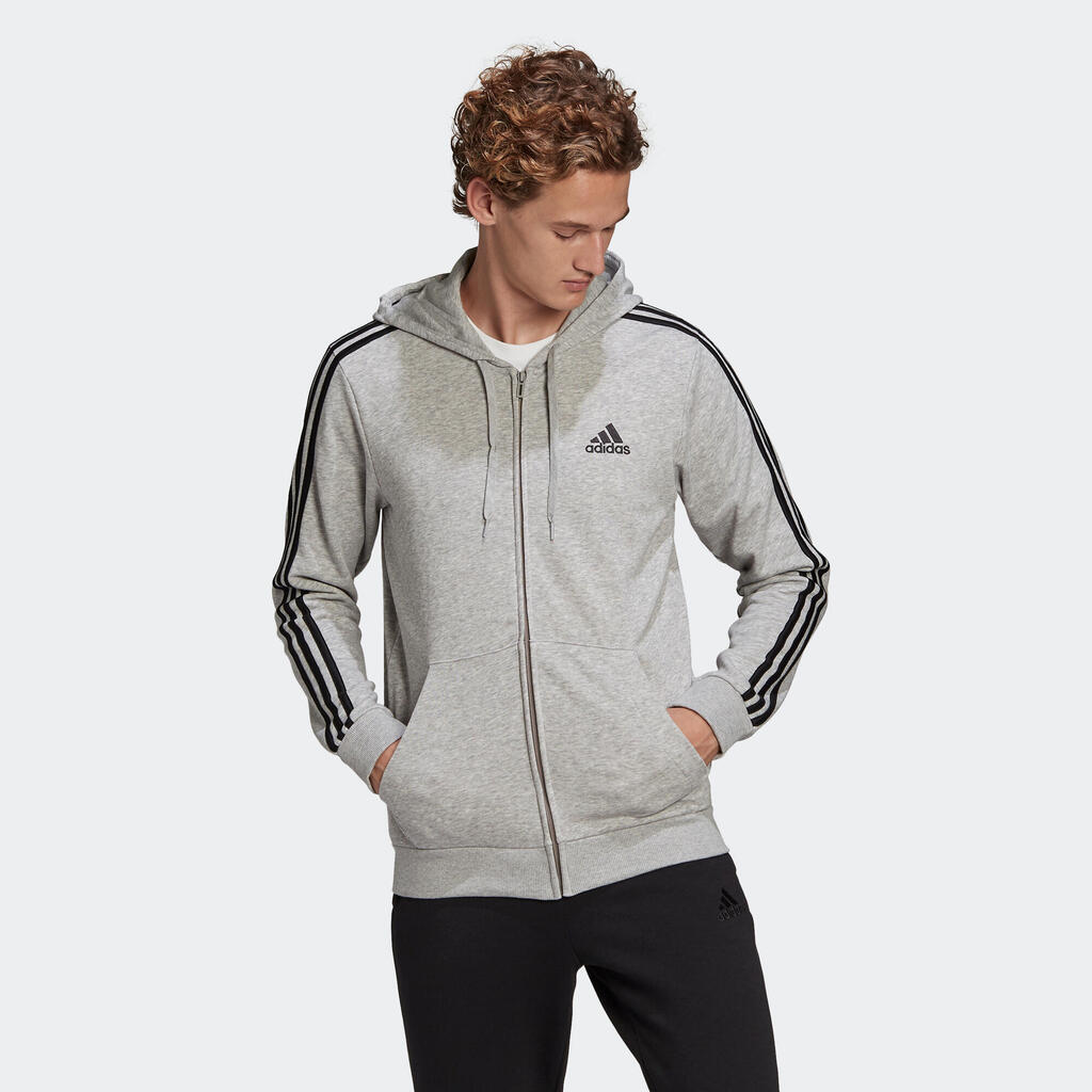 Men's Straight-Cut Crew Neck Zipped Hoodie With Pocket 3 Stripes - Grey