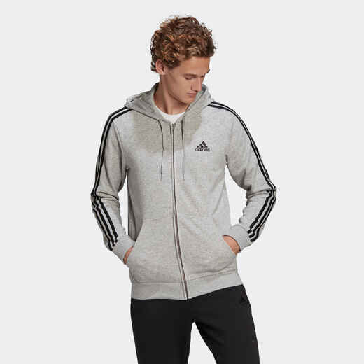 
      Men's Straight-Cut Crew Neck Zipped Hoodie With Pocket 3 Stripes - Grey
  