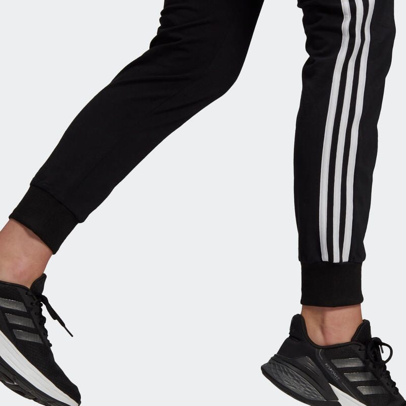 Joggingbroek voor fitness dames hoog aandeel katoen aansluitend model 3 Stripes zwart