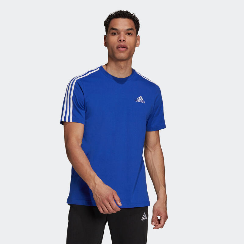 T-shirt fitness Adidas 3S manches courtes slim coton col rond homme bleu