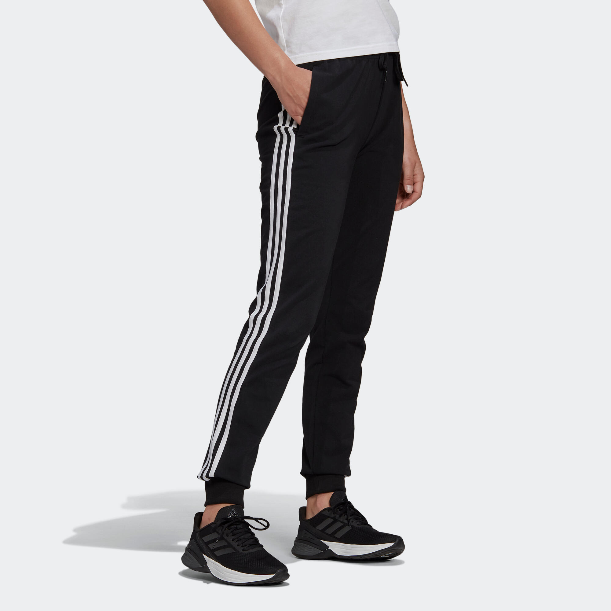 Women's Cotton-Rich Fitted Jogging Fitness Bottoms 3 Stripes - Black 3/6