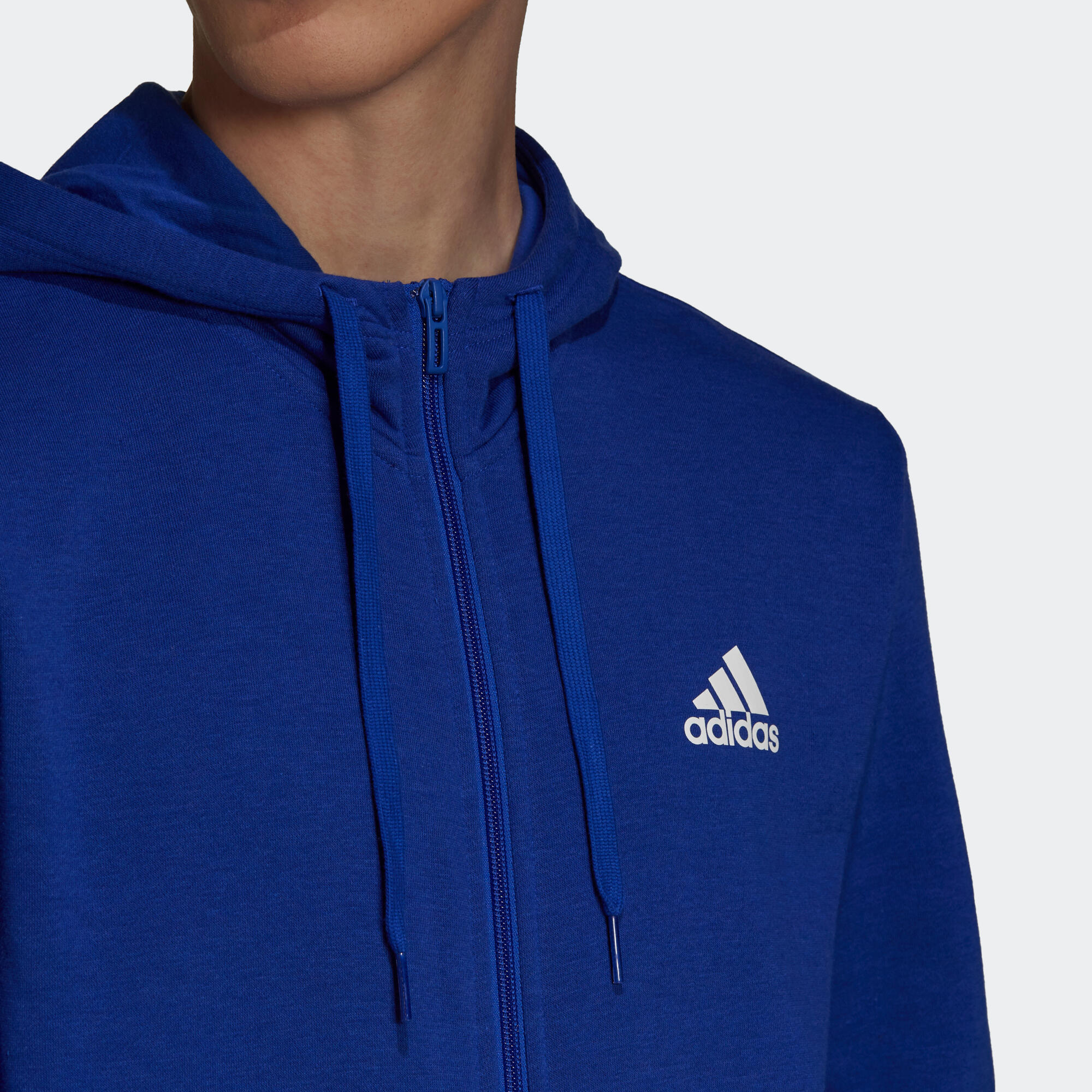 Felpa uomo fitness Adidas misto cotone con cappuccio e zip azzurra-bianca-blu  ADIDAS | DECATHLON