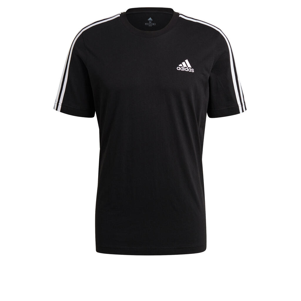 Men's Short-Sleeved Fitted-Cut Crew Neck Cotton Fitness T-Shirt 3 Stripes - Black