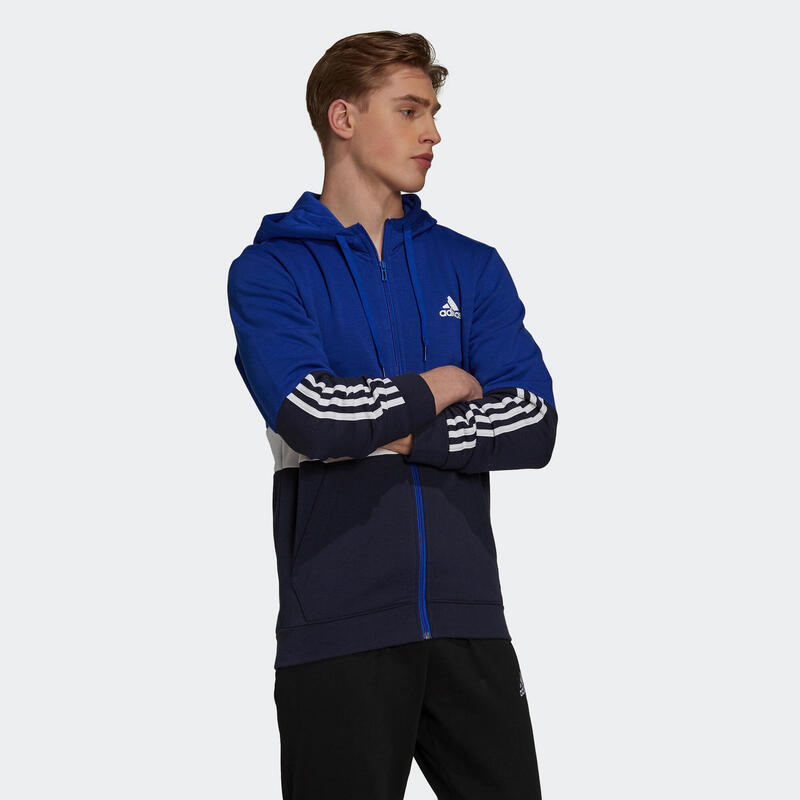 Felpa uomo fitness Adidas misto cotone con cappuccio e zip azzurra-bianca-blu