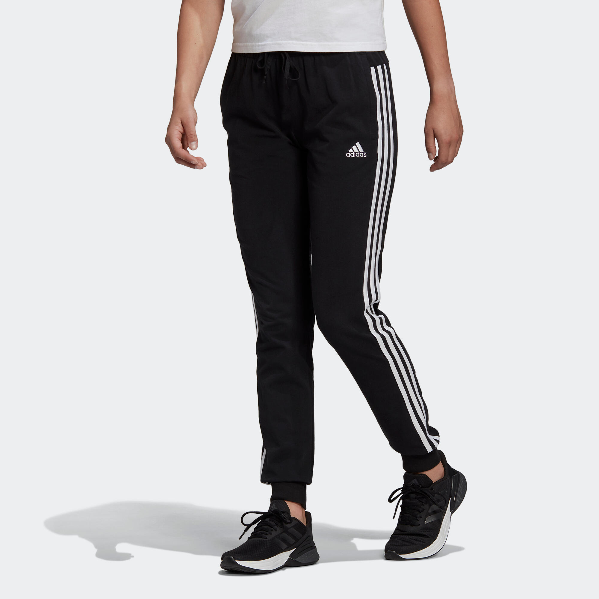 Adidas Women's Cotton-rich Fitted Jogging Fitness Bottoms 3 Stripes - Black