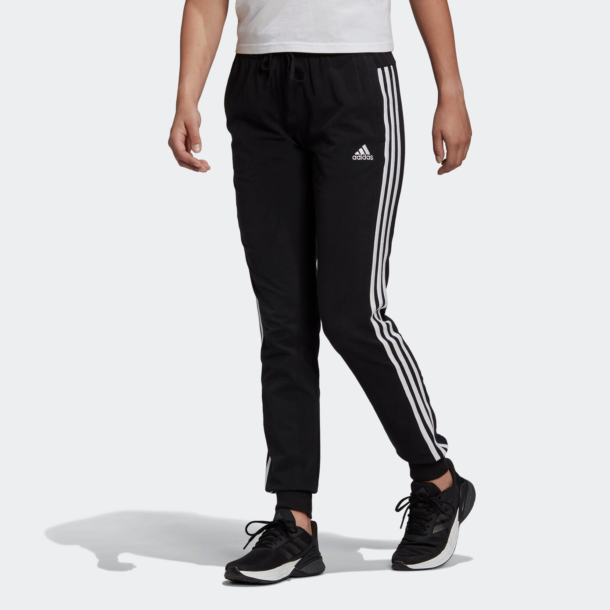 ADIDAS Women's Cotton-Rich Fitted Jogging Fitness Bottoms 3 Stripes - Black