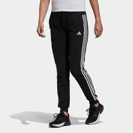 Women's Cotton-Rich Fitted Jogging Fitness Bottoms 3 Stripes - Black