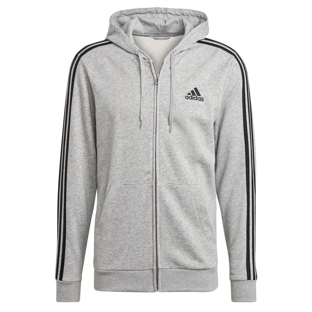 Men's Straight-Cut Crew Neck Zipped Hoodie With Pocket 3 Stripes - Grey