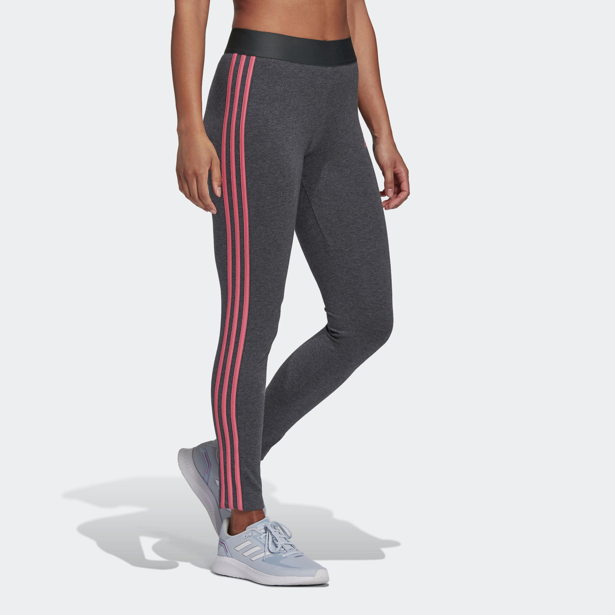 Women's high-waisted cotton long leggings - Adidas 3 stripes grey