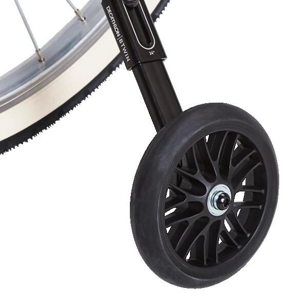Pair of black bike stabiliser wheels with mounting brackets