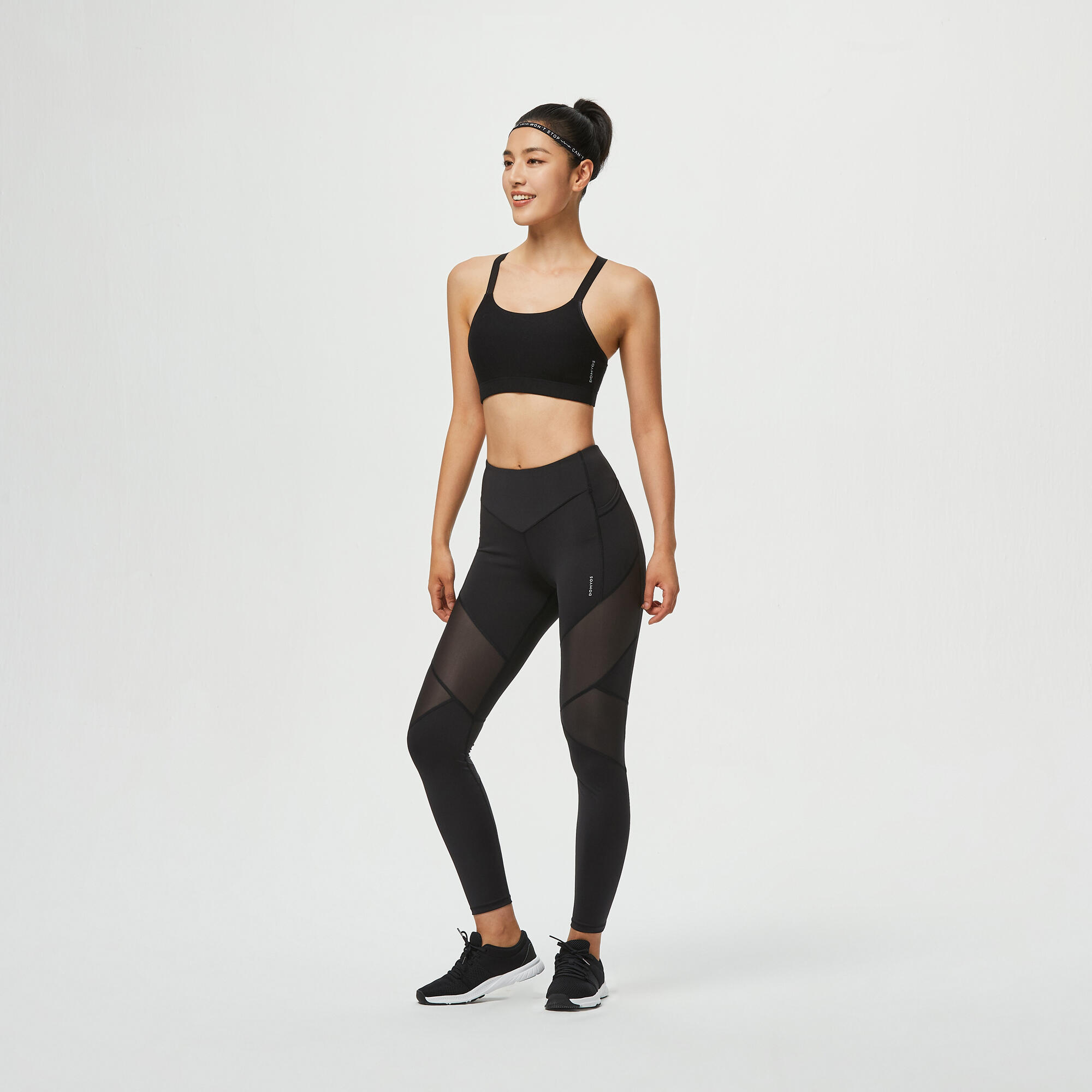 Women Gym Leggings Polyester With Phone Pocket FTI120 Grey Black By  Decathlon