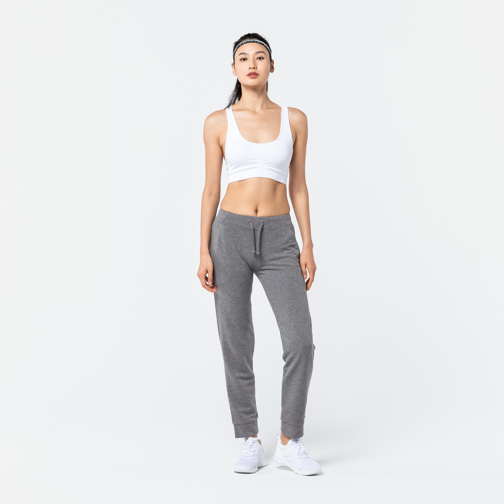 Women's Straight Cut Cotton Jogging Fitness Bottoms With Pocket 500 - Grey 2/5