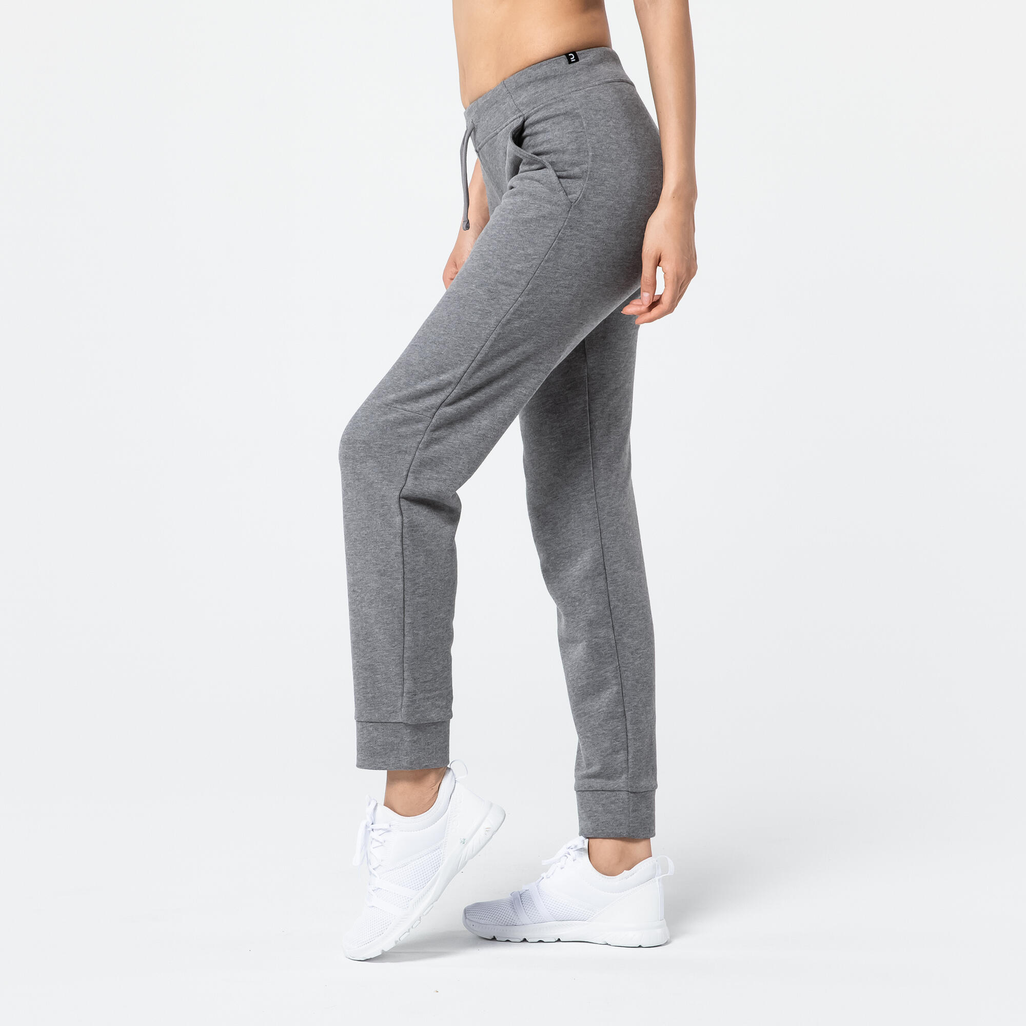 Women's Straight Cut Cotton Jogging Fitness Bottoms With Pocket 500 - Grey 1/5