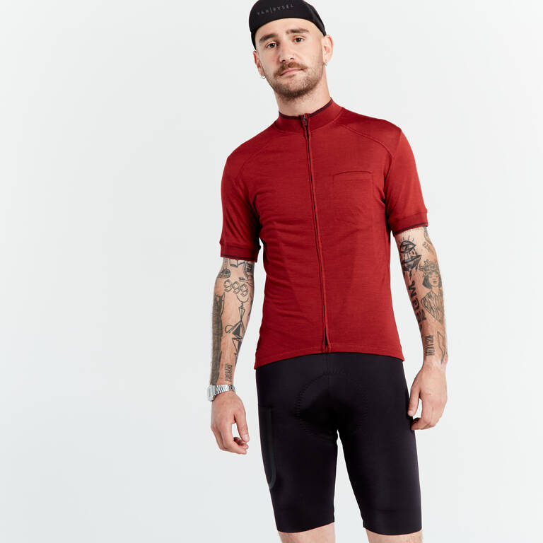 Men's Merino Short-Sleeved Cycling Jersey GRVL900 - Burgundy