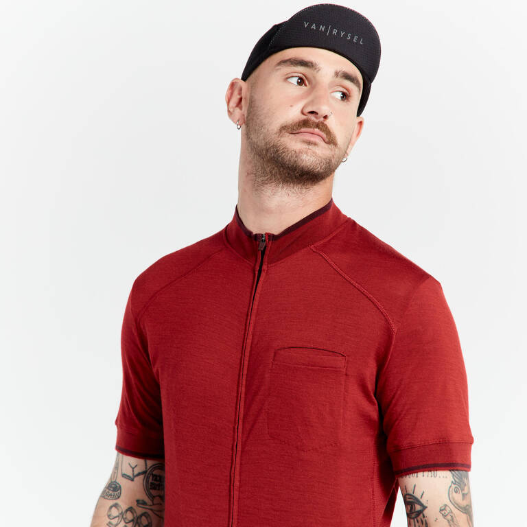 Men's Merino Short-Sleeved Cycling Jersey GRVL900 - Burgundy