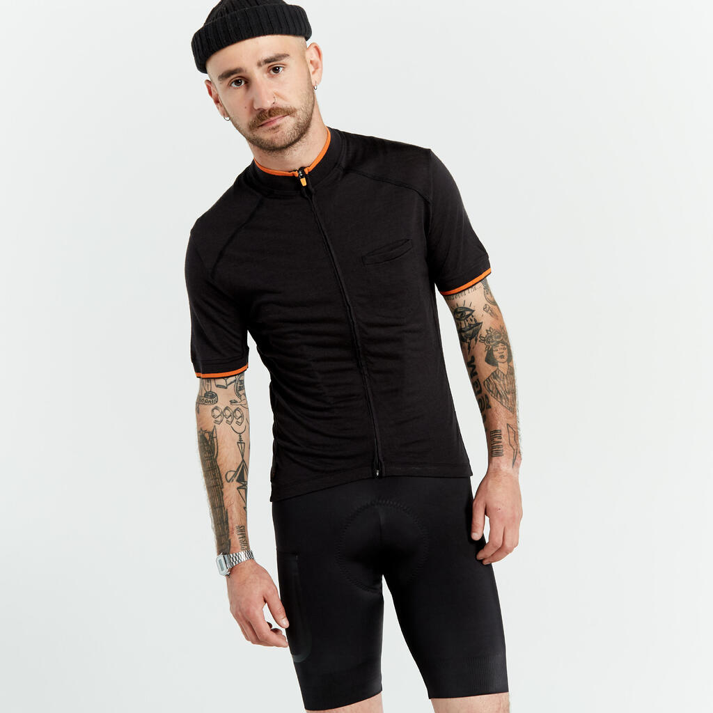 Men's Merino Short-Sleeved Cycling Jersey GRVL900 - Black