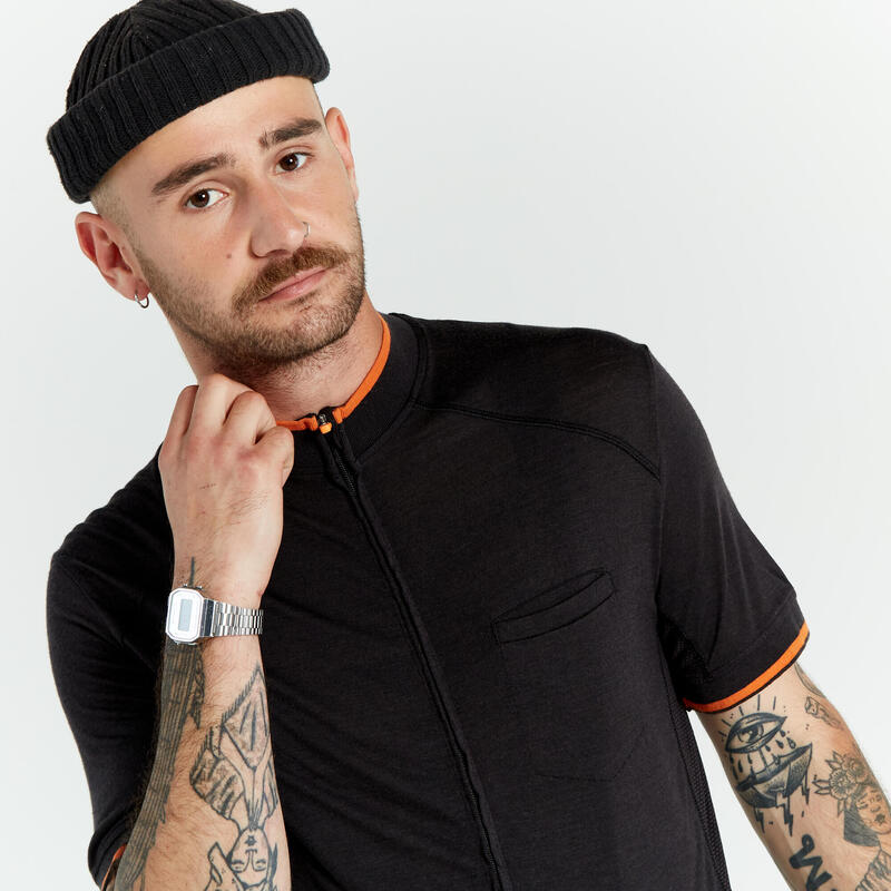 CAMISOLA DE MANGA CURTA BICICLETA EM LÃ DE MERINO HOMEM GRVL900 PRETO