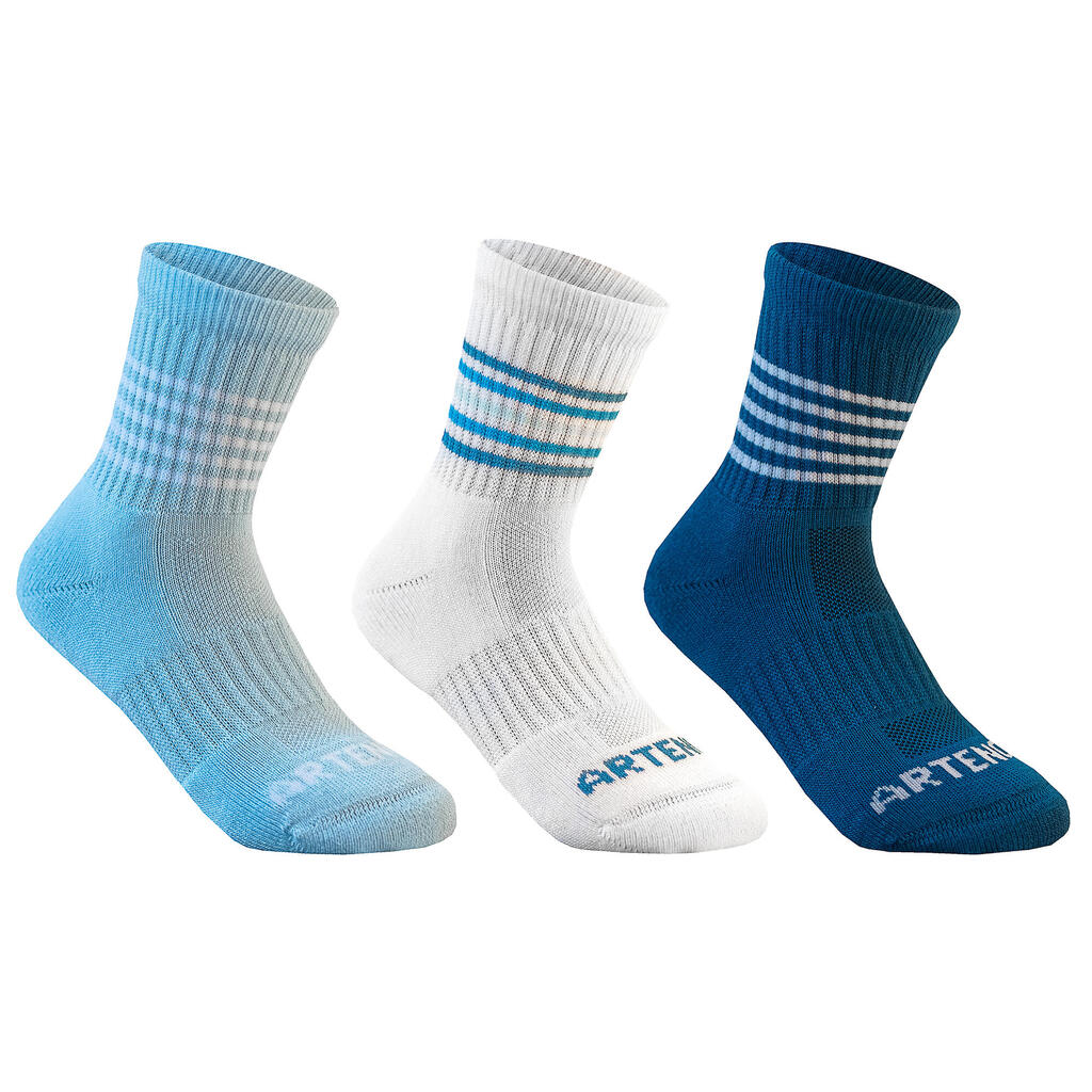 Tennissocken Kinder RS 500 High 3er-Pack weiss/blau