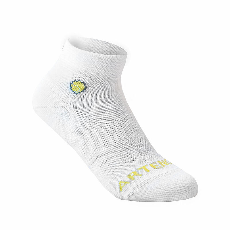 CHAUSSETTES DE SPORT ENFANT MI-HAUTES ARTENGO RS 160 BLANC BLEU LOGO LOT DE 3@