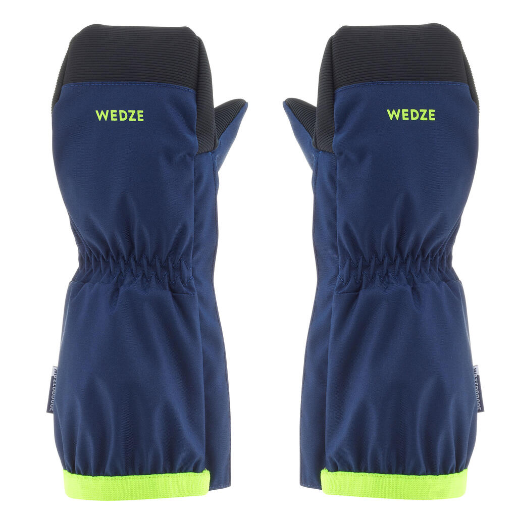 KIDS’ WARM AND WATERPROOF SKI MITTENS BLUE NEON PINK