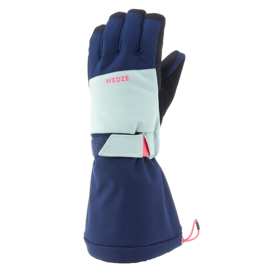 Kids’ warm and waterproof ski gloves 550 navy/sky blue/neon pink