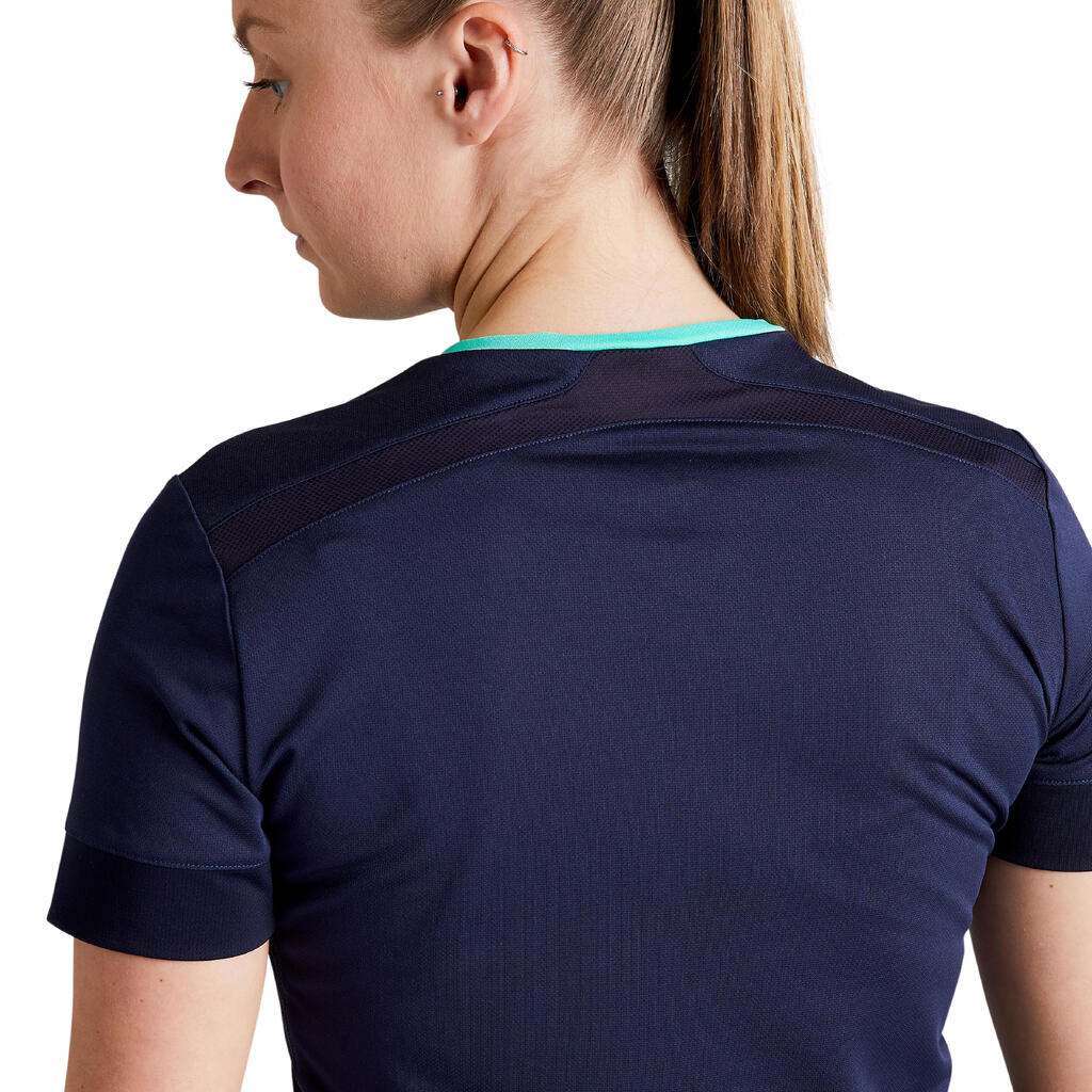 Majica kratkih rukava za nogomet F500 ženska plavo-zelena