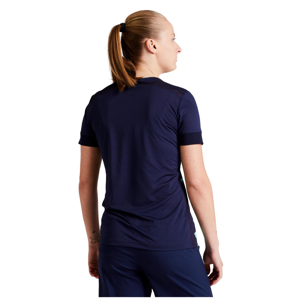 Majica kratkih rukava za nogomet F500 ženska plavo-zelena