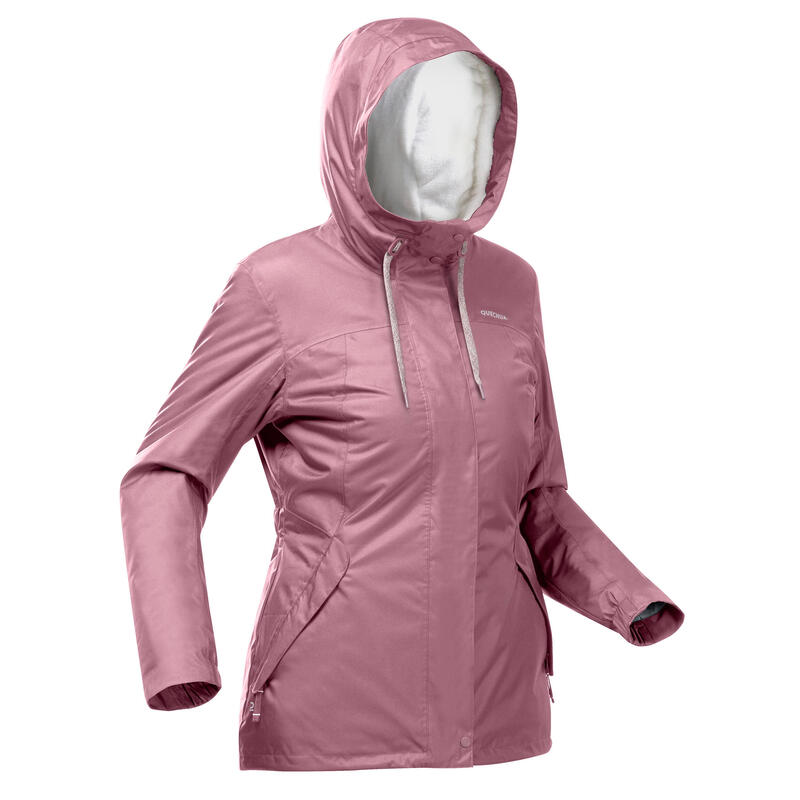 Női kabát túrázáshoz SH100 X-WARM, vízhatlan, -10 °C-ig, mályvaszínű 