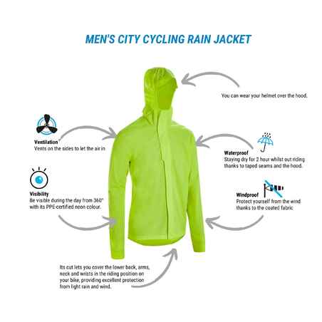 Btwin UC100, High Visibility and Waterproof City Bike Rain Jacket, Men's