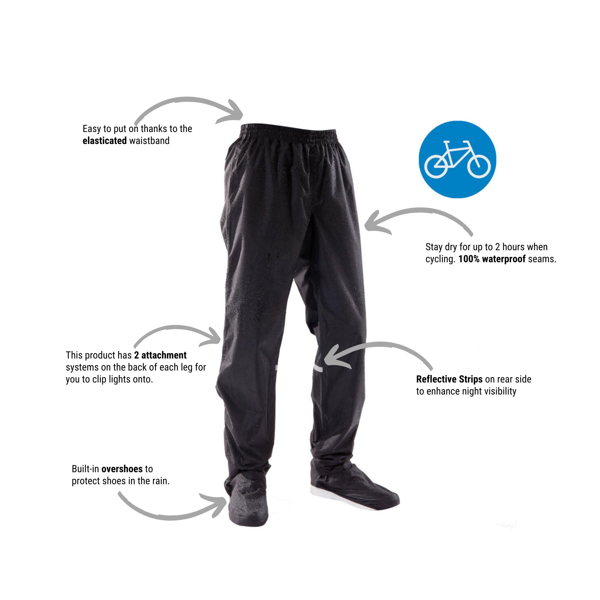 city cycling rain overtrousers with built in overshoes 100 black btwin 8402040