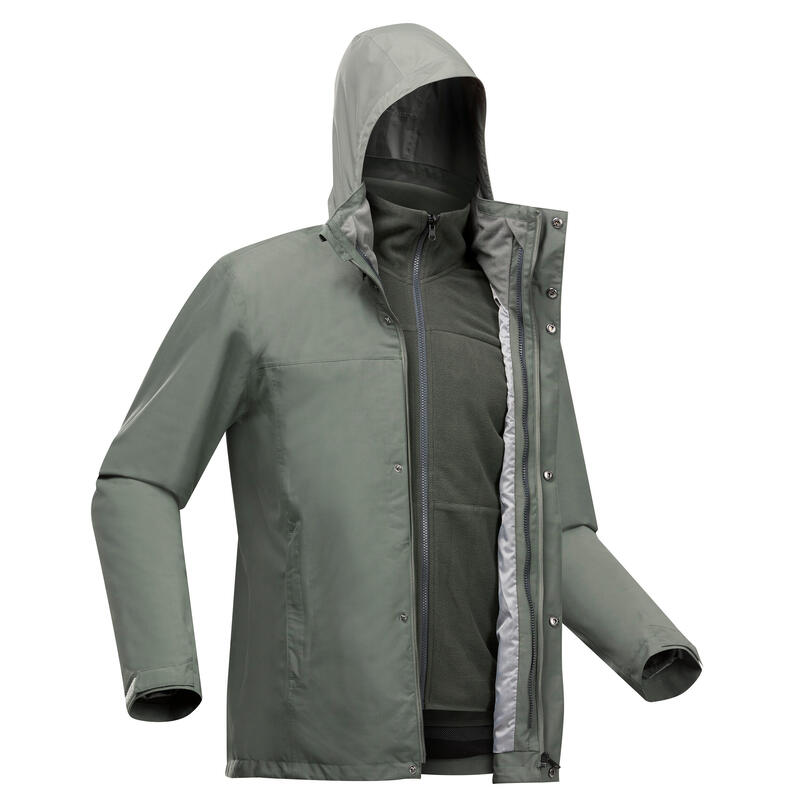Men's Travel Trekking 3-in-1 Waterproof Jacket - Travel 100 0°C - khaki