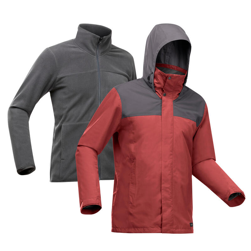 Férfi kabát túrázáshoz Travel 100, 3 az 1-ben,vízhatlan, 0 °C-ig, piros