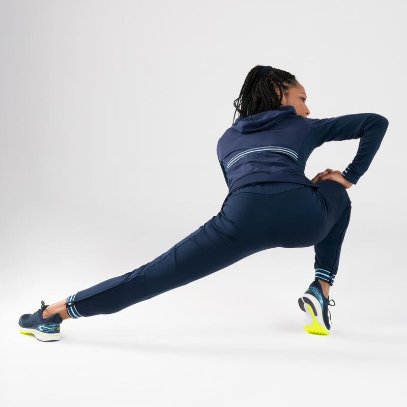 Laufhose lang Leichtathletik mit Reissverschluss Damen marineblau/himmelblau