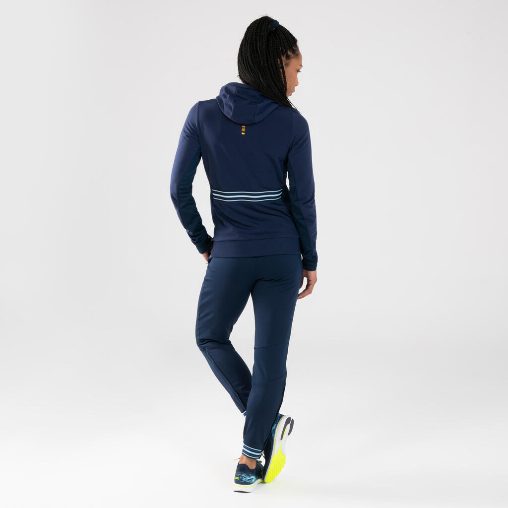 Laufhose lang Leichtathletik mit Reissverschluss Damen marineblau/himmelblau