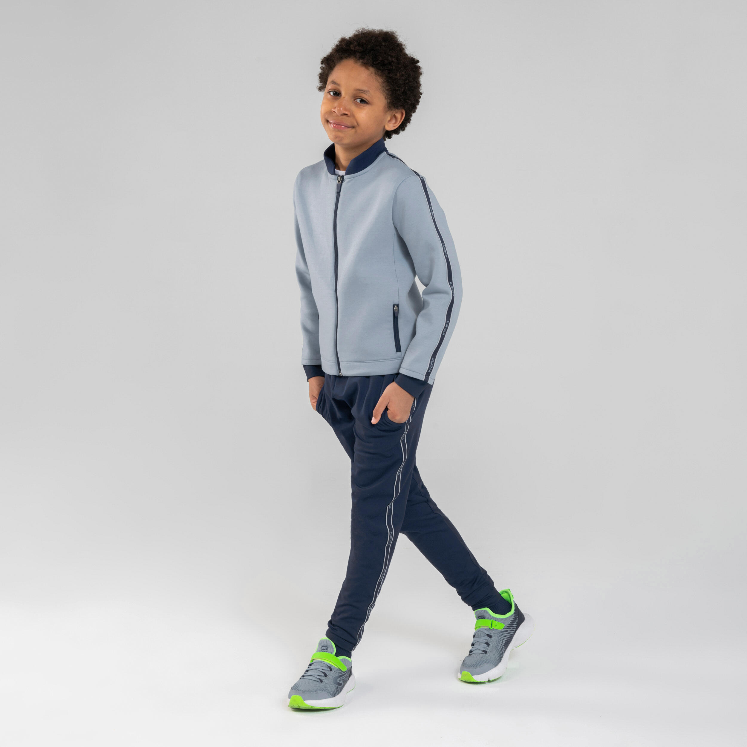 Kids' Warm High-Neck Breathable Zip-Up Sweatshirt S500 - Denim/Touch Of Pink 7/10