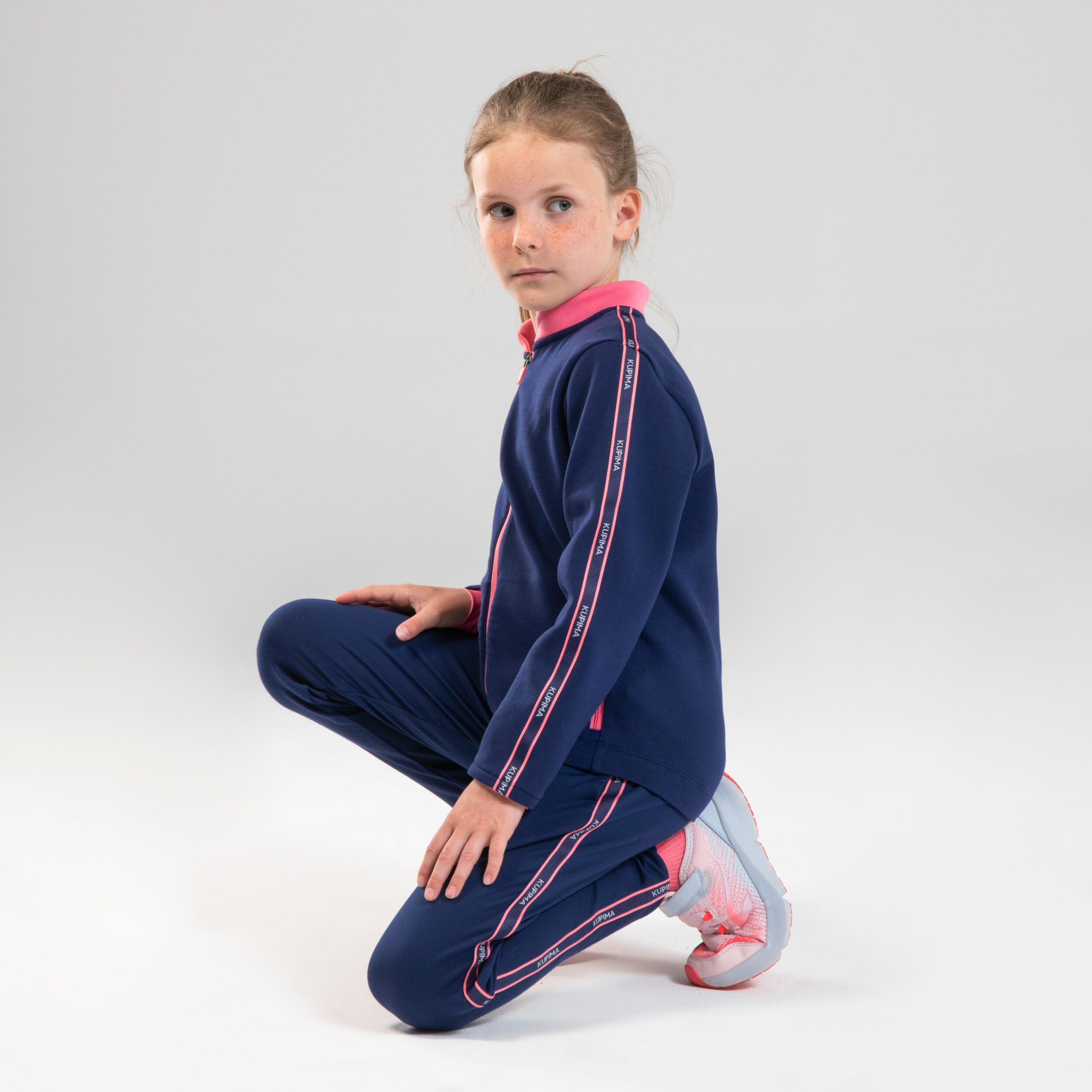 Bluză de trening S500 educație fizică călduroasă bleumarin-roz fete DECATHLON DECATHLON