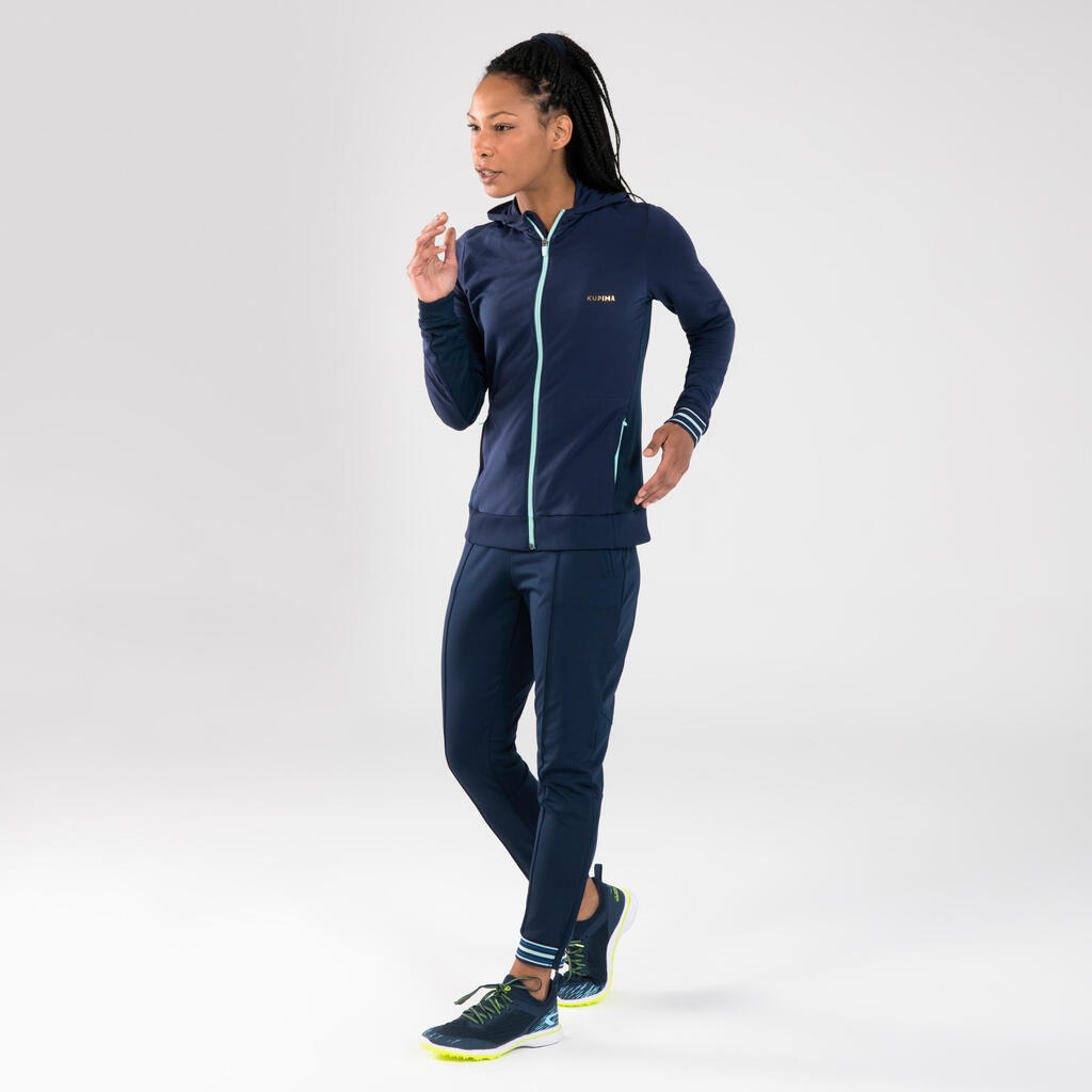 Laufhose lang Leichtathletik mit Reissverschluss Damen marineblau/himmelblau