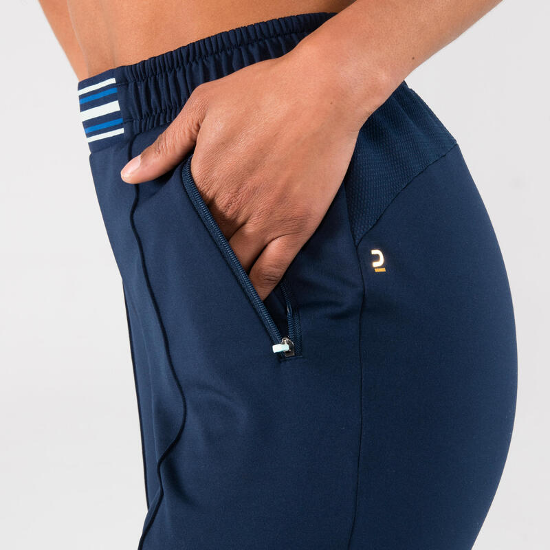 Laufhose lang Leichtathletik mit Reissverschluss Damen marineblau/himmelblau