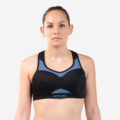 Reggiseno sportivo rugby donna R500 sostegno alto nero-azzurro