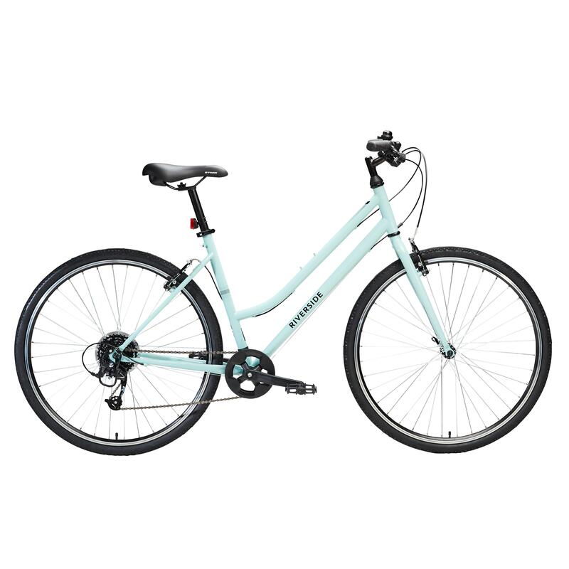 Bicicleta de trekking cuadro bajo monoplato 8V Riverside 120 verde pastel