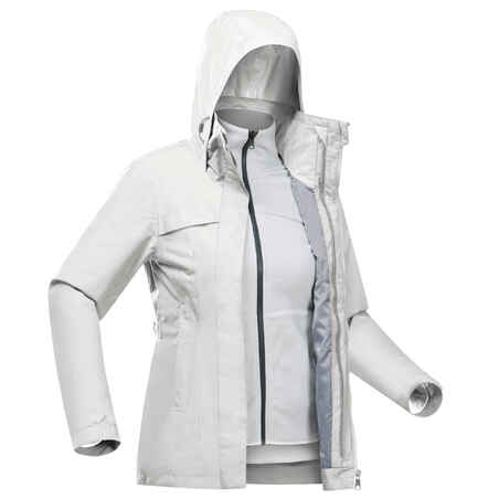 Women's Travel Trekking Waterproof 3-in-1 Jacket - Travel 100  0°C White