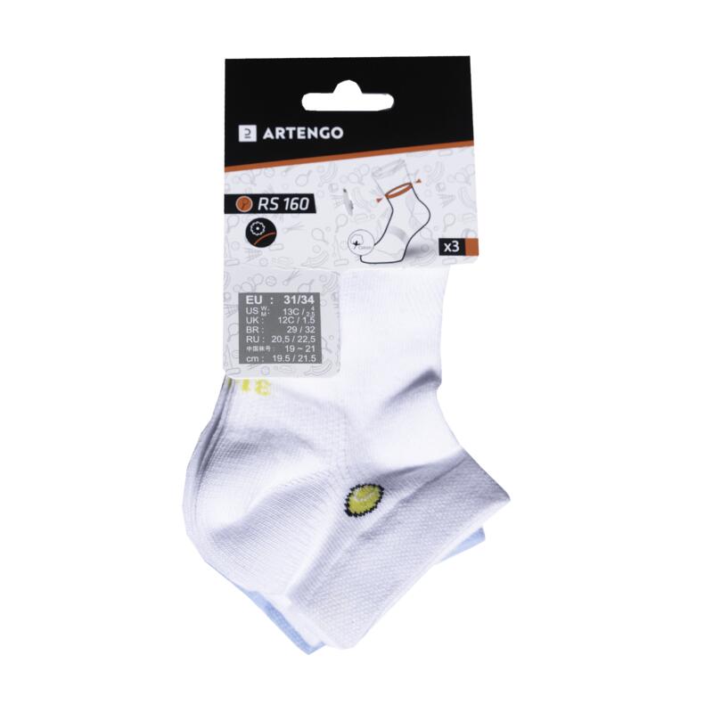 CHAUSSETTES DE SPORT ENFANT MI-HAUTES ARTENGO RS 160 BLANC BLEU LOGO LOT DE 3@