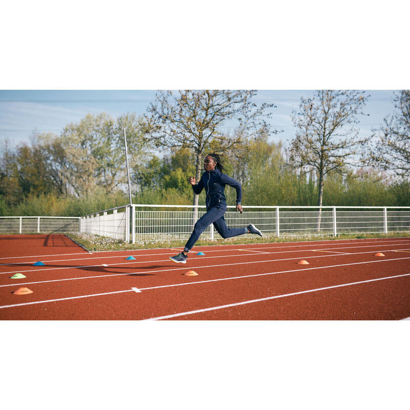 Laufhose lang Leichtathletik mit Reissverschluss Damen marineblau/himmelblau