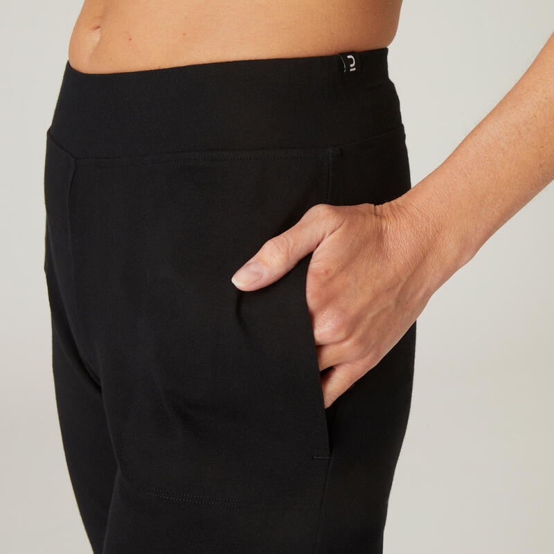 Mallas short fitness algodón recto con bolsillo Mujer Domyos negro