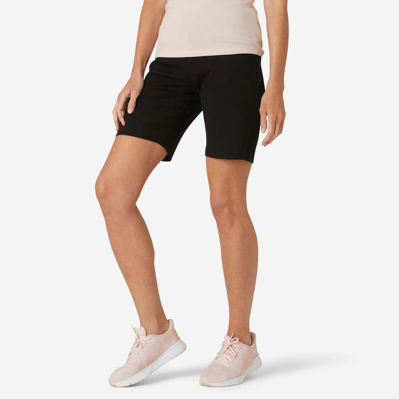 Short Fitness femme coton droit avec poche - Fit+ noir