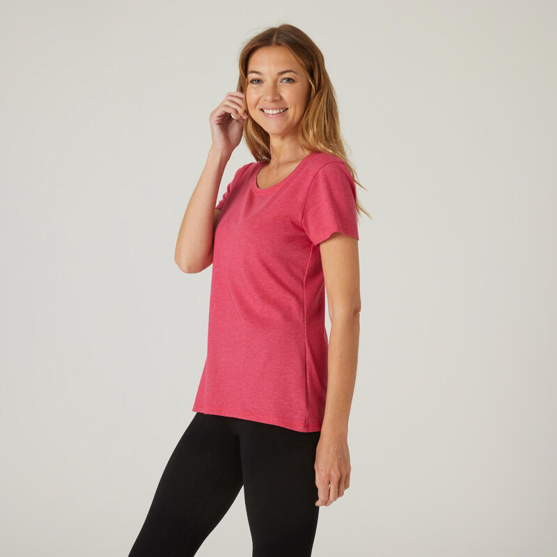 T-shirt fitness manches courtes coton extensible col rond femme rose chiné