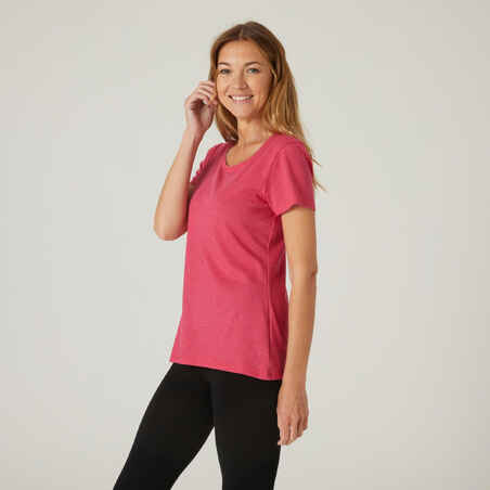 T-shirt fitness kortärmad bomullsstretch med rund hals dam rosa