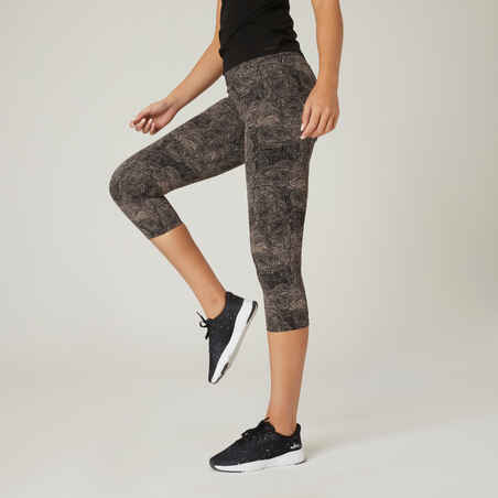 Shaping Fitness Cotton Capri Leggings - Grey Print - Decathlon