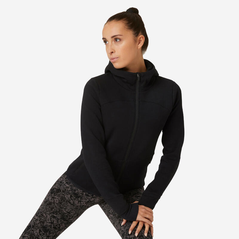 Sweat zippé à capuche col zippé ajusté femme avec poche - 560 noir